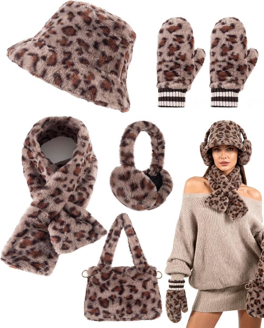 Gifts Sets for Women-5 Piece, Faux Fur Bucket Hat and Glove Set, Valentines Gifts for Her Wife Sister Girlfriends (Leopard Print Light)