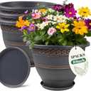 10 Inch 4 Pack Large Plant Pots, Plastic Flower Pot for Indoor & Outdoor with Drainage Holes & Saucer, Plaid Pattern Planters Garden Pots for Herbs (Copper)