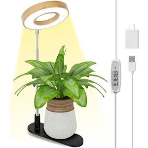 LORDEM Bamboo Base Desktop Grow Light, LED Plant Lamp with Full Spectrum, 4 Adjustable Brightness Levels, 4H/8H/12H Auto Timer for Indoor Plants Growing, Height Adjustable 7.8"-26", 1 Pack