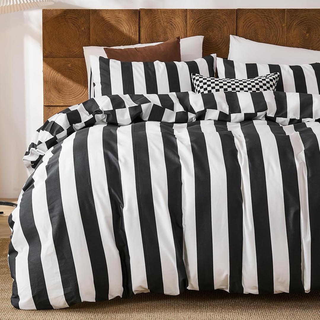 Merryword Black and White Striped Duvet Cover Set Queen Size - 100% Cotton Duvet Cover Set with Zipper Closure & 8 Corner Ties, 3-Piece Luxury Linen Like Bedding Set for All Seasons