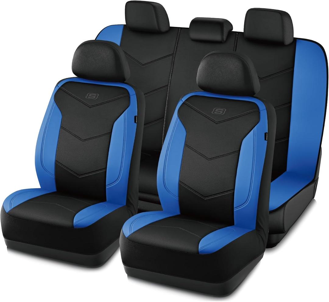 Skechers Memory Foam Seat Covers, Leather Car Seat Covers, Ultimate Comfort & Support Seat Covers, Full Sets, Airbag Compatible, Automotive Universal Fit Most for SUVs, Vans, Sedans, Cars, Trucks, Blue (Black and Blue)