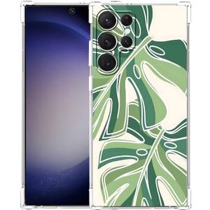 Monstera Leaves Case Compatible with Samsung Galaxy S23 Ultra,Minimalist Plant Line Art Pattern,Trendy TPU Bumper Case for Galaxy S23 Ultra