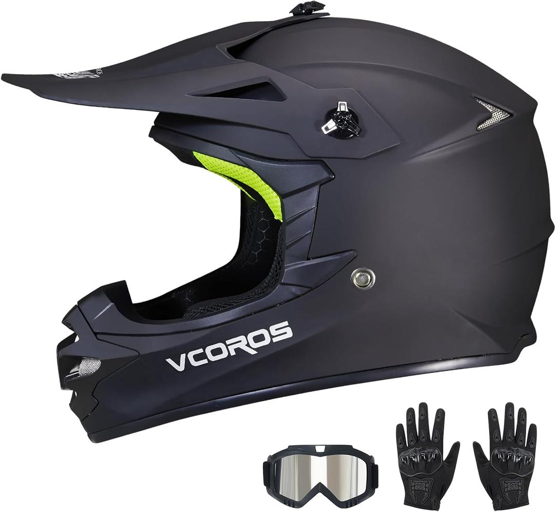 VCOROS Kids Dirt Bike Helmet Youth Motorcycle Helmet, M-001 Kids Motorcycle Full Face Helmet for ATV BMX UTV Off-Road Dirtbike Helmet with Goggles Gloves DOT Approved