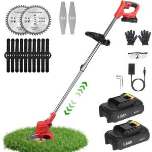 Cordless String Trimmer & Weed Eater, Electric Weed Wacker & Lawn Edger Tool Battery Powered with 3 Types of Blades, Lightweight Grass Trimmer with 2*21V Battery, Brush Cutter for Lawn Garden