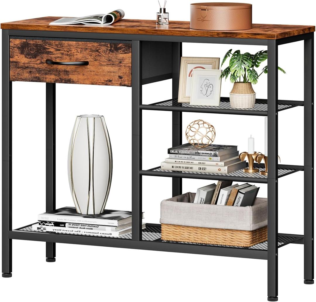 Furnulem Entryway Table Industrial 31.5" Sofa Console Table with Metal Mesh Shelf,Storage Fabric Drawer 4-Tier Shoe Rack Side Furniture for Front Door,Foyer Wooden Top, Sturdy Steel Frame,Rustic Brown