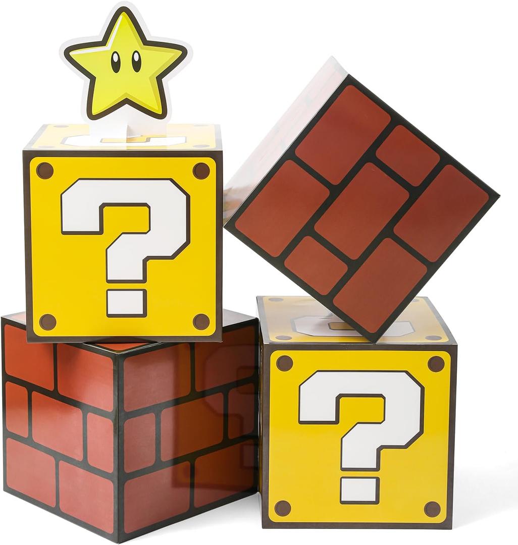 4PCS Big Party Boxes with 6 Set Centerpieces, Question Brick Boxes for Boys Grils Kids Birthday Party Decorations, Game Party Christmas Halloween Classroom Favors Supplies. (11.8 x 11.8 Inch)