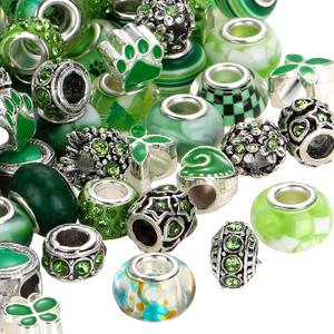 Hicarer 80 Pcs Assorted European Large Hole Beads, Spacer Glass Beads Rhinestone Metal Macrame Charms Supplies for DIY Crafts Bracelets Necklaces Jewelry Making(Green)