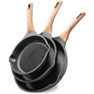 Non Stick Frying Pan Set - YIIFEEO Granite Skillet Set with 100% PFOA & PTFE Free, Induction Egg Omelette Pans for Cooking Pan Set, Cookware Set Nonstick Pots and Pans Set Gift for Women (3 PCS - Black)