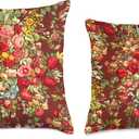 Vintage Burgundy Floral Chintz Flowers with Blue Ribbon Throw Pillow, 18x18