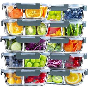 VERONES 10 Pack Glass Meal Prep Containers 2 Compartment Set, 30 OZ Airtight Glass Lunch Containers, Glass Food Storage Containers with Lids, for Microwave, Oven, Freezer & Dishwasher FriendlyGrey