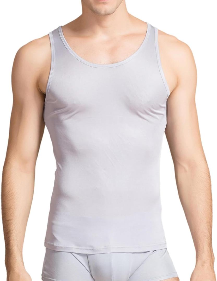 Men Silk Tank Tops Mulberry Silk Undershirt Gym Slim-Fit Layered Camisole Sleeveless Shirts Workout Tee Shirt (Large, Gray)