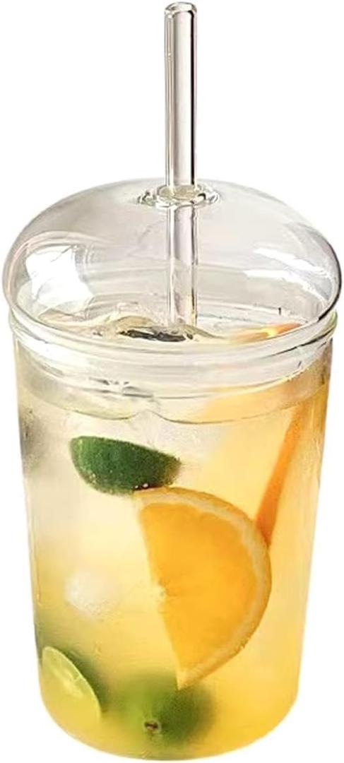 16oz Glass Tumbler with Straw and Lid,Glass Cup with Dome and Straw, Dome Tumbler,Iced Coffee Cup with Lids,Heat Resistant Clear Drinking Cups for Smoothies Juice