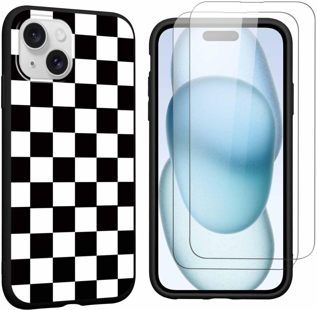Checkered Phone Case for iPhone 15 6.1" Case with 2 Pack Tempered Screen Protector, Cute Checkerboard Pattern Design Funda Shockproof TPU Slim Soft Matte Phone Cover for Women Girls, Black