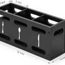 3 x Grey Washed Mango Wood Flatware Caddy with Metal Handles - 3 Compartment Organizer Box for Silverware, Sauce Spoon, Tongs and More (BLACK)