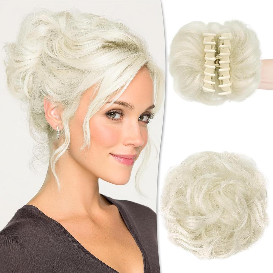 RUWISS Claw Clip Messy Bun Hair Piece Real Human Hair Buns Wavy Curly Chignon Hair Bun Extensions Tousled Updo Claw Clip Ponytail Hairpieces (62#)
