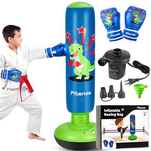 Fitense Kids Punching Bag, 63 Inch Inflatable Punching Bag with Electric Air Pump & Gloves, Kids Boxing Bag for Boys Girls Age 6-12, Dinosaur Ninja Boxing Set Christmas Birthday Toys for Karate