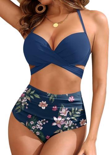 Blue Flower High Waisted Underwire Bikini Sets - Women 2025 Two Piece Swimsuits Halter Bathing Suits with Tummy Control Bottom M