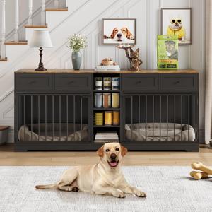 GarveeHome 82" Double Dog Crate Furniture, Large Dog Kennel Indoor for 2 Dogs, Heavy Duty Wooden Dog Crate TV Stand with 4 Drawers and Shelves, Black