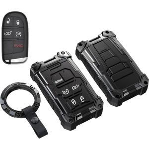 Heavy Key Fob Cover for Jeep, Keychain, Metal Silicone Key Fob Case Compatible with Grand Cherokee Compass Renegade Durango Challenger Journey Dart (Black, R Buckle)