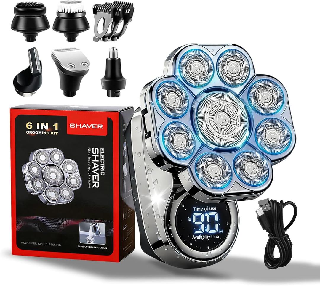 9.0 Ultra Shaver, 2026 New Head Shavers for Bald Men, 6-in-1 Electric Razor with 9D Floating Blade Heads, Intelligent LED Display, IPX7 Waterproof Wet Dry Shaving for Home Travel Use (Silver)