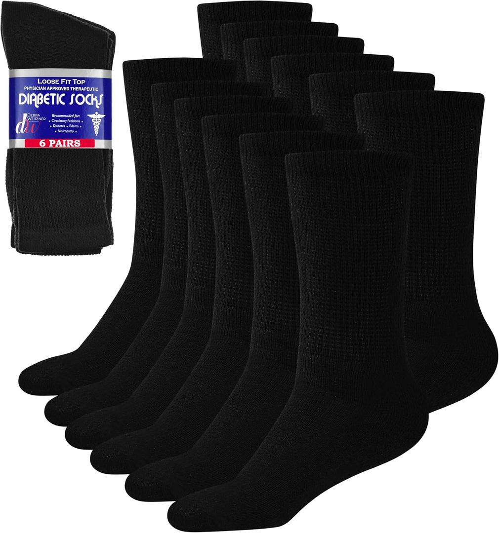 Debra Weitzner Diabetic Socks For Men and Women Loose Fit Non-Binding Cotton Crew Socks 6 Pairs (13-15)