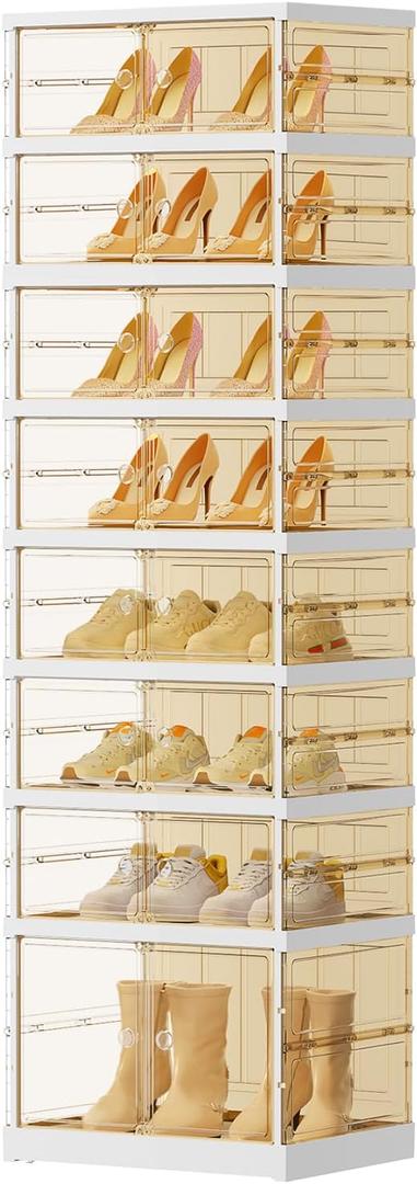 8 Tiers 8-16 Pairs Foldable Shoe Boxes Large Plastic Shoe Storage Rack Collapsible Shoe Organizer for Closet Tall Shoe Shelf Clear Stackable Shoes Cabinet with Doors Entryway (8 Tiers 16 Pairs, Brown)