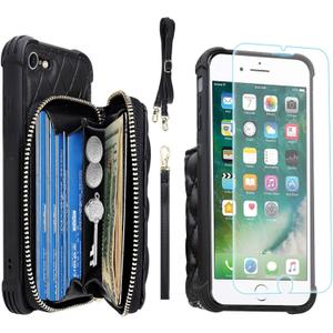 MONASAY Zipper Wallet Case Fit for iPhone SE 2022/2020/8/7, [Glass Screen Protector ][RFID Blocking] Flip Leather Handbag Phone Cover with Card Holder & Crossbody Lanyard Strap, Black