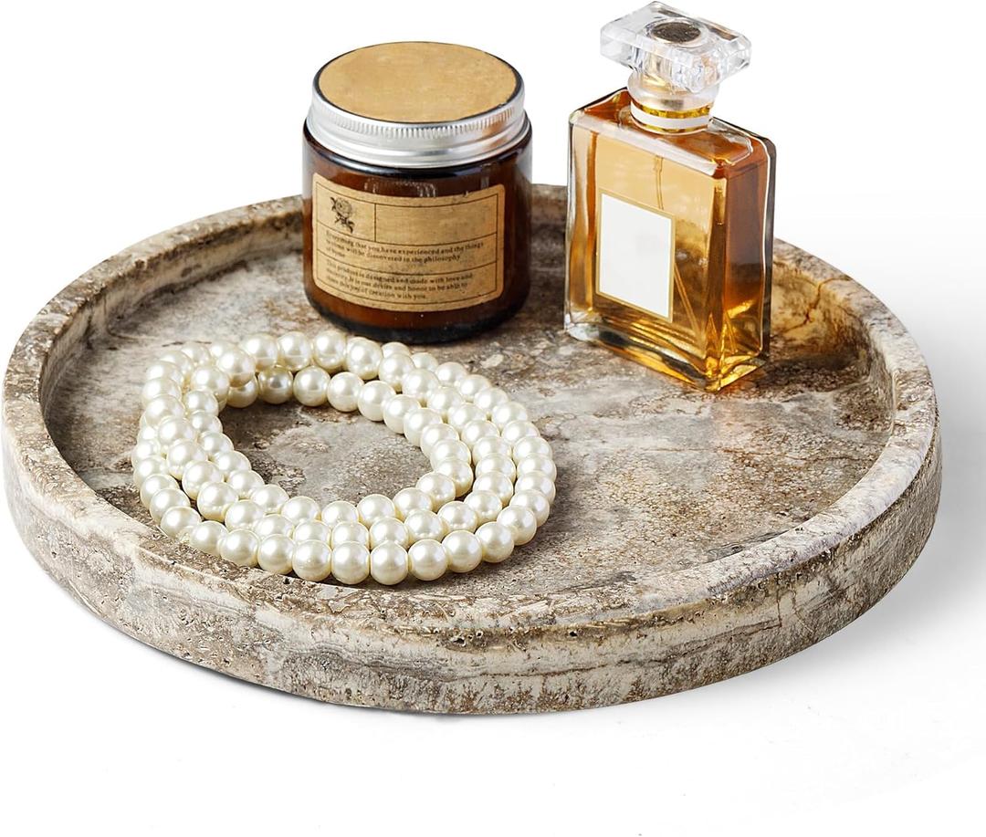 Round Marble Vanity Tray, Gray Travertine,Natural Marble Stone Decorative Tray for Counter, Bathroom, Kitchen, Dresser, Nightstand or Coffee Table, Home Decor(NS024)