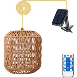 Outdoor Rattan Chandelier Lantern Solar Pendant Lights, 9" Large Rattan Waterproof Hanging Lantern with Remote Lights, Lighted for Garden Porch Patio Kitchen