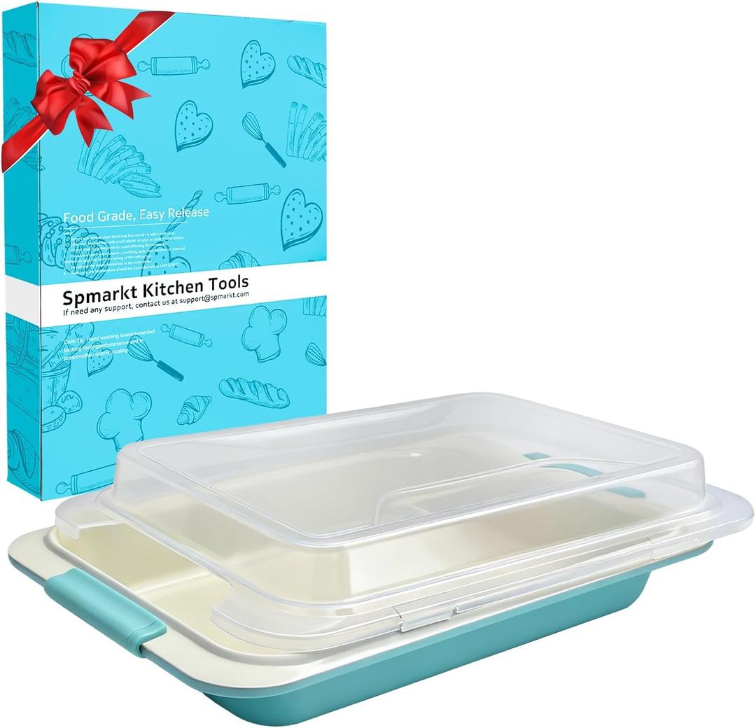 13x9 Inch Heavy-Duty Baking Pan with Lid, Nonstick Rectangular Cake Pan with Silicone Grip Handles and Snap-On Cover, Durable Lasagna Pan for Brownies, Casseroles, Parties & Potlucks