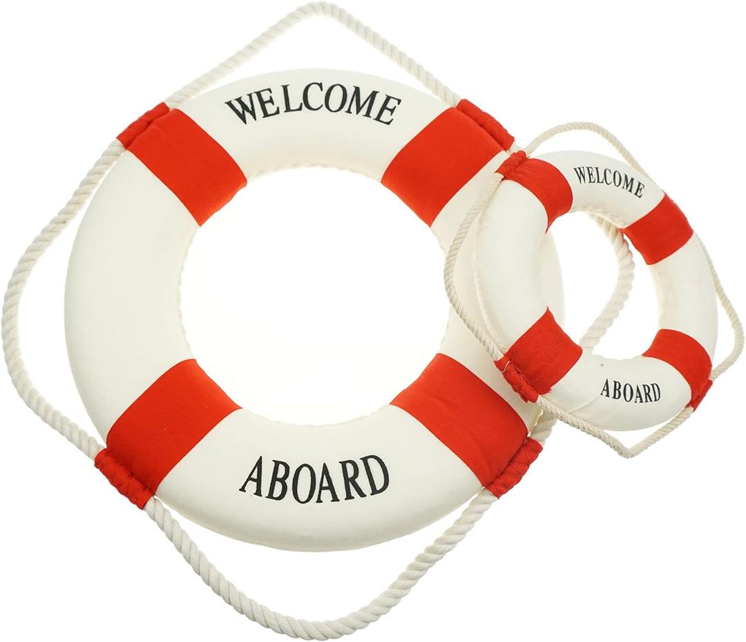 Rustic Nautical Decorative Welcome Cloth Life Ring Buoy Home Wall Door Hangings Decor, Red, Pack of 2