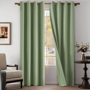 100% Blackout Linen Textured Curtains 84 Inch Length 2 Panels Set for Living Room, Bedroom, Light Weight Curtains with Grommets Top, Full Blackout Curtains Privacy Protection, Green, 52" W x 84" L