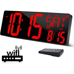 XREXS Large Digital Wall Clock WiFi Sync, 16.5 in Large Display Wall Clock with Temperature/Date/Week, LED Big Digital Timer Clock with Remote Control, Alarm Clock for Home and Office, Auto-dimming (Red)