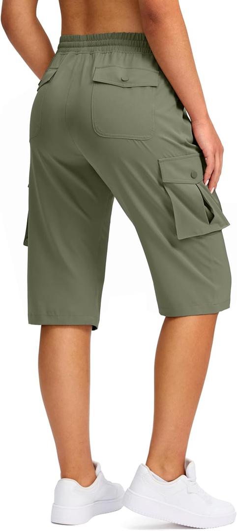 Viodia 15" Long Shorts for Women Hiking Cargo Bermuda Shorts Lightweight Knee Length Capris for Summer Travel Fishing (Green, L)