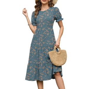 Bosmeer Sundresses for Women Short Puff Sleeve Casual Midi Boho Floral Flowy Summer Dresses, Medium