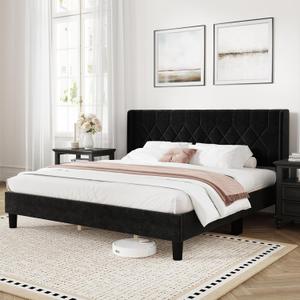 Novilla King Bed Frame, King Bed Frame with Headboard, Velvet Upholstered Pull-Point Wing Side Headboard, No Box Spring Needed, Heavy Duty Feet, Easy Assembly, Black Velvet