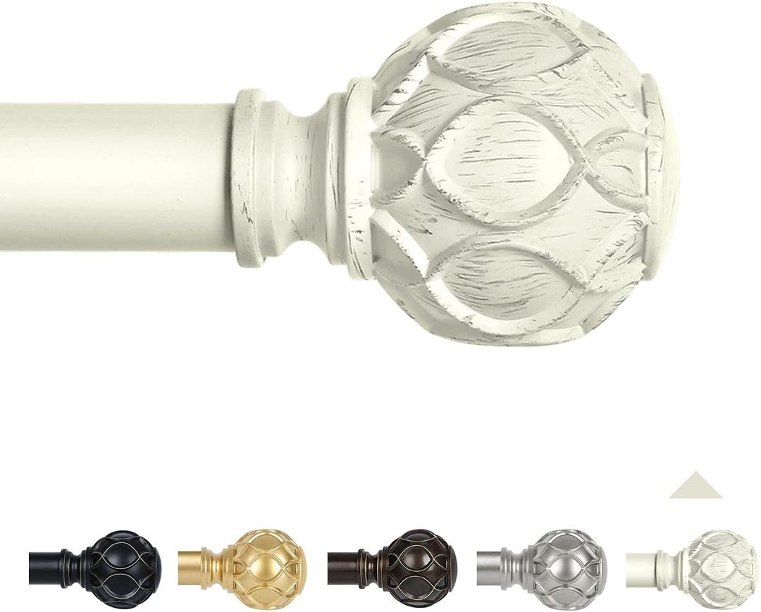 TANGWIN White Farmhouse Curtain Rods for Windows:72-144" Heavy Duty Adjustable Curtain Rod for Bedroom Living Room,Boho Decorative Rustic Drapery Rods with Vintage Coastal Texture Finial,Antique White