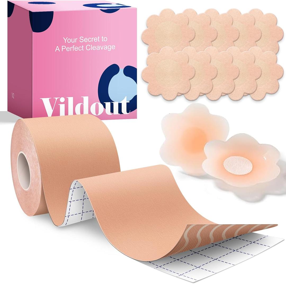 Boob Tape Kit - Boob tape for Breast Lift with Petals and Covers, Breathable Sticky Adhesive Bra Tape, Push Up Booby tape for Large Breasts A-G Cup Beige
