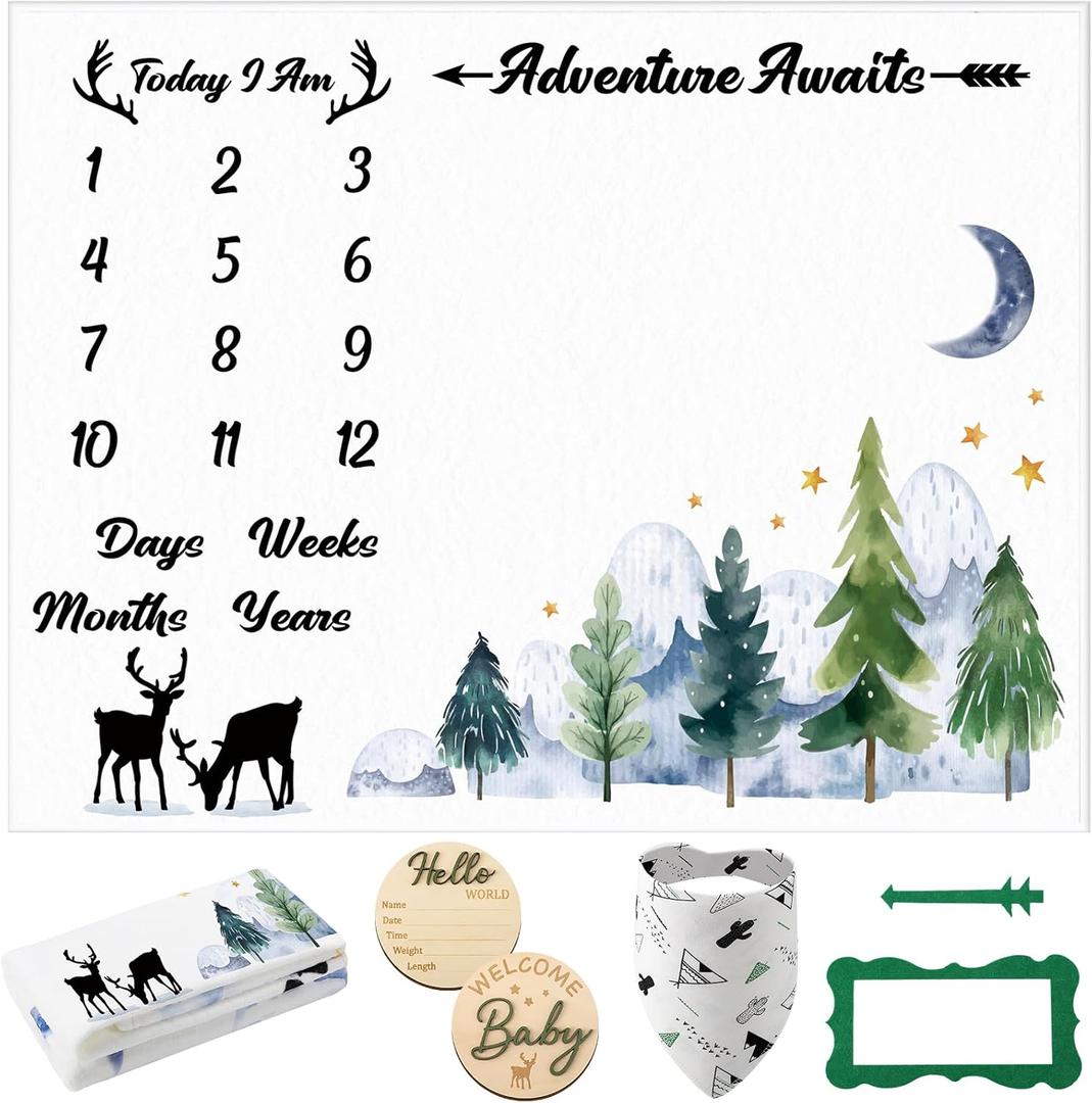 Baby Monthly Milestone Blanket for Boy Girl, Deer Woodland Gender Neutral Baby Age Milestone Blanket Photography Background Prop with Bibs Wooden Signs Felt Circle