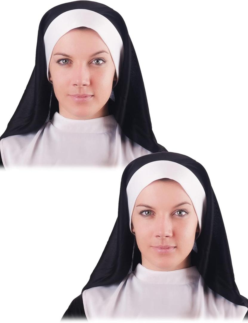 2 Pieces Nun Habit Costume Hat Accessory Nun Headpiece Nun Hat for Women Adult Halloween Cosplay Party Black and White (Medium)