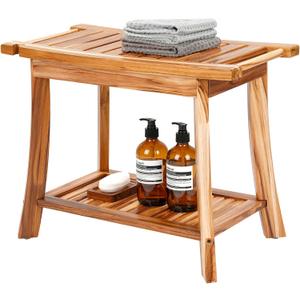 24" Solid Teak Shower Bench with Towel Bar & Storage Shelf - Waterproof Bath Stool with Fixed Non-Slip Feet, 300lbs Capacity