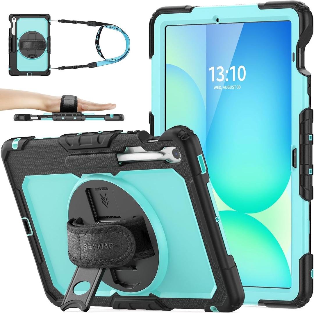 SEYMAC stock Case for Samsung Galaxy Tab S10 FE+ Plus 5G Tablet Case 13.1'' Protective with Screen Protector, Pen Holder, 360 Rotate Stand, Hand Strap, Shoulder Strap, SkyBlue1