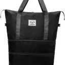 Travel Tote Bag with Trolley Sleeve Expandable Extra Duffel Bag with Wheels Lightweight Traveling Foldable Suitcase (Black)