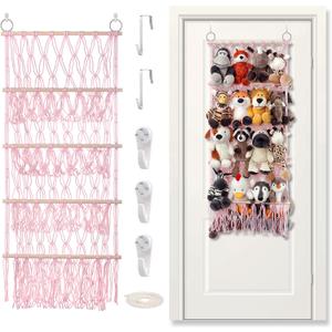 Stuffed Animal Net or Hammock Large Plushie Net Corner with 4 Layers Macrame Boho Toy Hammock Net Stuffed Animals Holder Hanging for Small Toy Storage Toddler Kids Room Decor -Pink