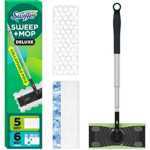 Swiffer Sweep & Mop Deluxe 2-in-1 Multi-Surface Kit for Floor Cleaning, Includes 1 Sweeper Device, 5 Dry Sweeping + 6 Wet Mopping Heavy Duty Cloths, Black