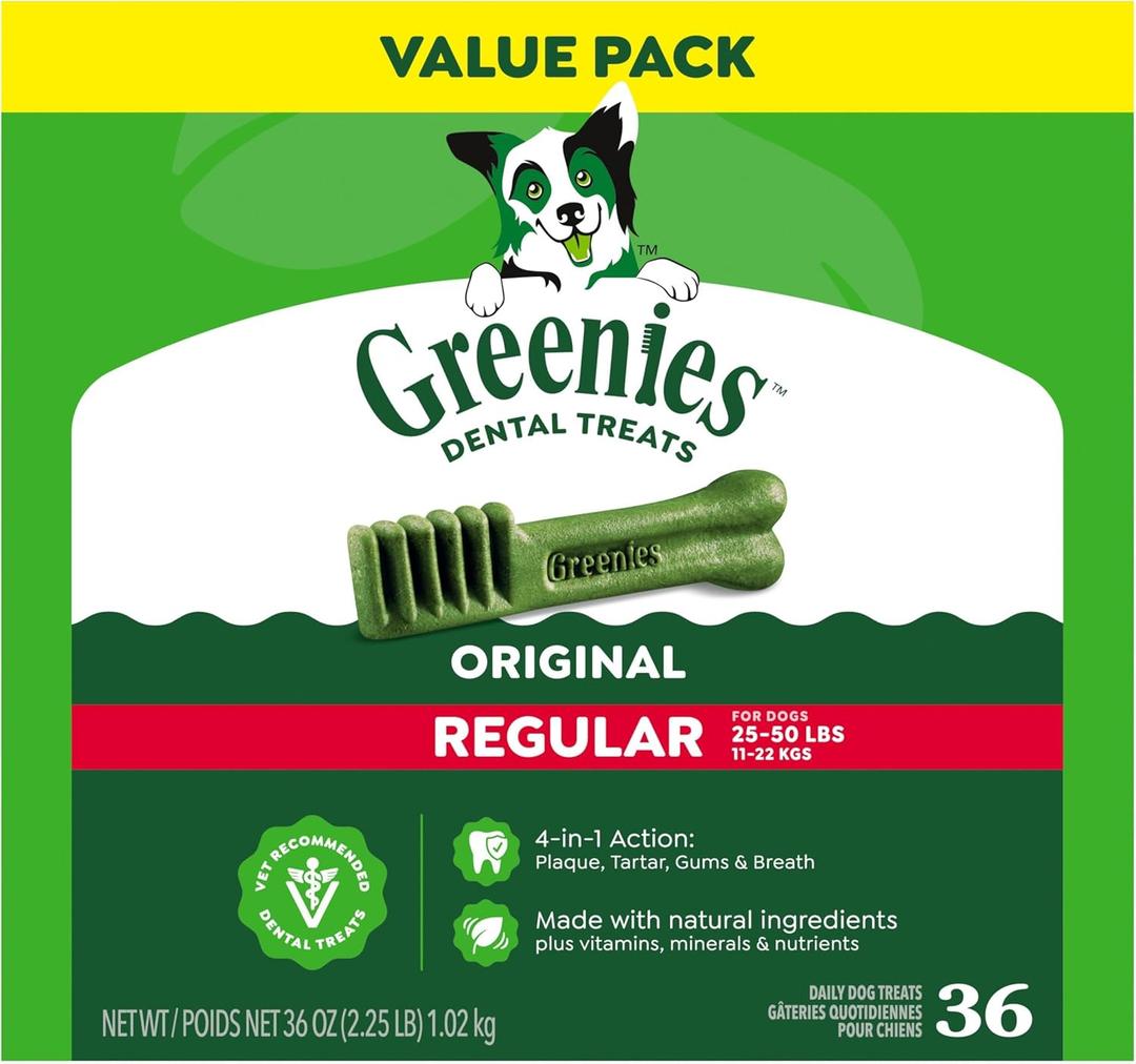 Greenies Veterinarian-Recommended Adult Natural Dental Dog Treats Regular Size, Dog Dental Chews, Original Flavor, 36 oz. Pack, 36 Count (EXP 07/22/27)