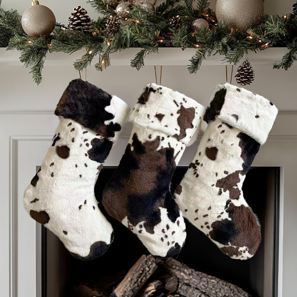 AOGU 3 Pack 19 Inch Cow Christmas Stockings White Faux Fur Xmas Christmas Stockings Hanging Ornaments Candy Gift Bags for Christmas Decorations