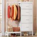 Dresser with Hanging Rack, 4 Drawers Small Closet for Bedroom, Reversible Fabric Chest of Drawers with Clothes Rack, Tall Storage Tower, Sturdy Frame, White, 44''H