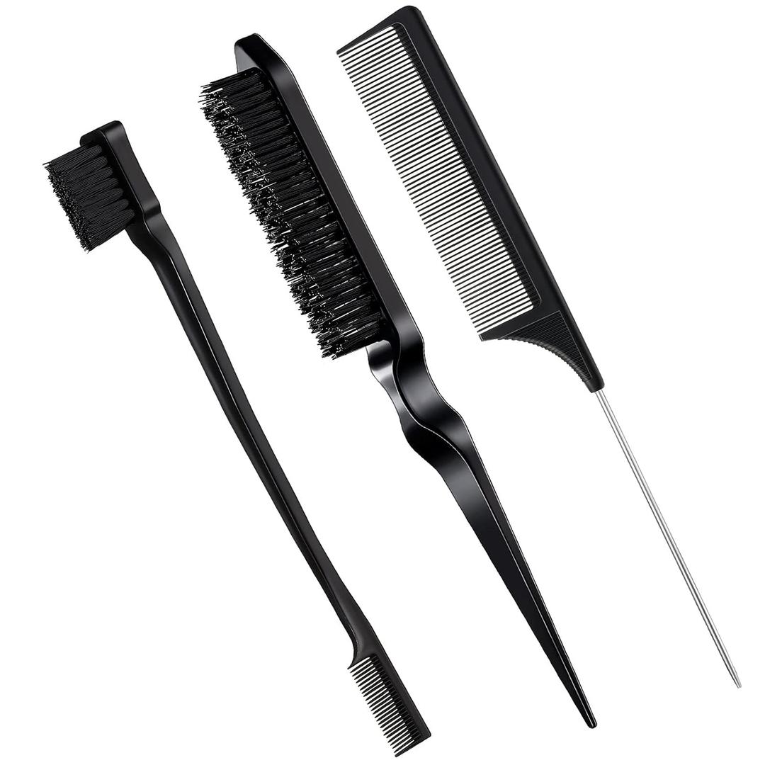Geiserailie 3 Pcs Slick Back Hair Brush Set Bristle Brush Edge Control Teasing Comb for Women Black Hair(Black) (Black)