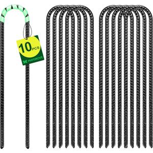 12 Inch Rebar Stakes Heavy Duty 10 Pack, U Shaped Ground Stakes, Galvanized Steel Trampoline Stakes, Tent Anchor Kit Anti-Rust, Drip Hose Wind Stakes, Black